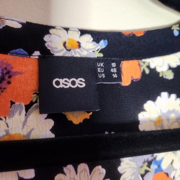 ASOS Floral Wrap Mini Dress Long-sleeve Sz 14 Viscose Tie Bow Black Tulip Skirt - Picture 7 of 8